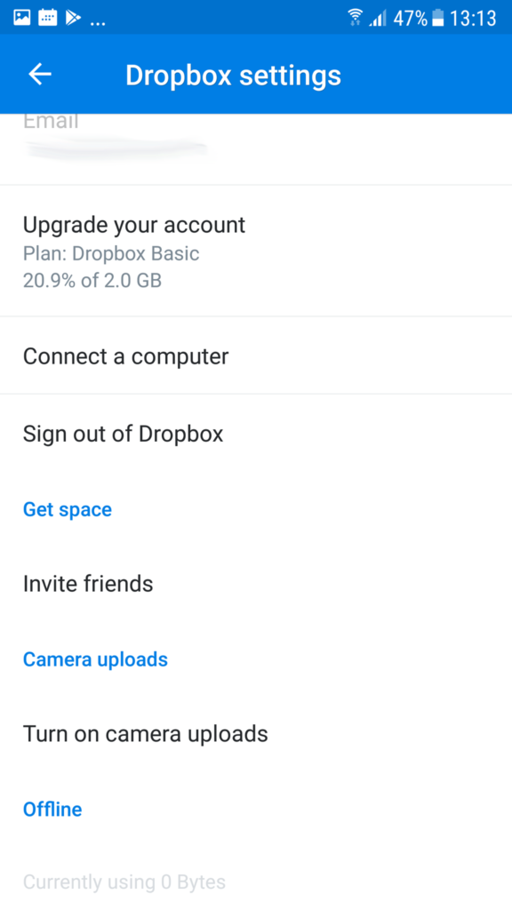 Dropboxi seadete Android platvormil