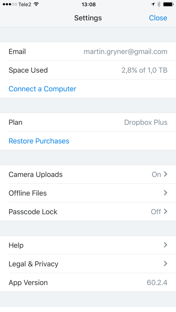 Dropboxi seadete vaade iOS platvormil