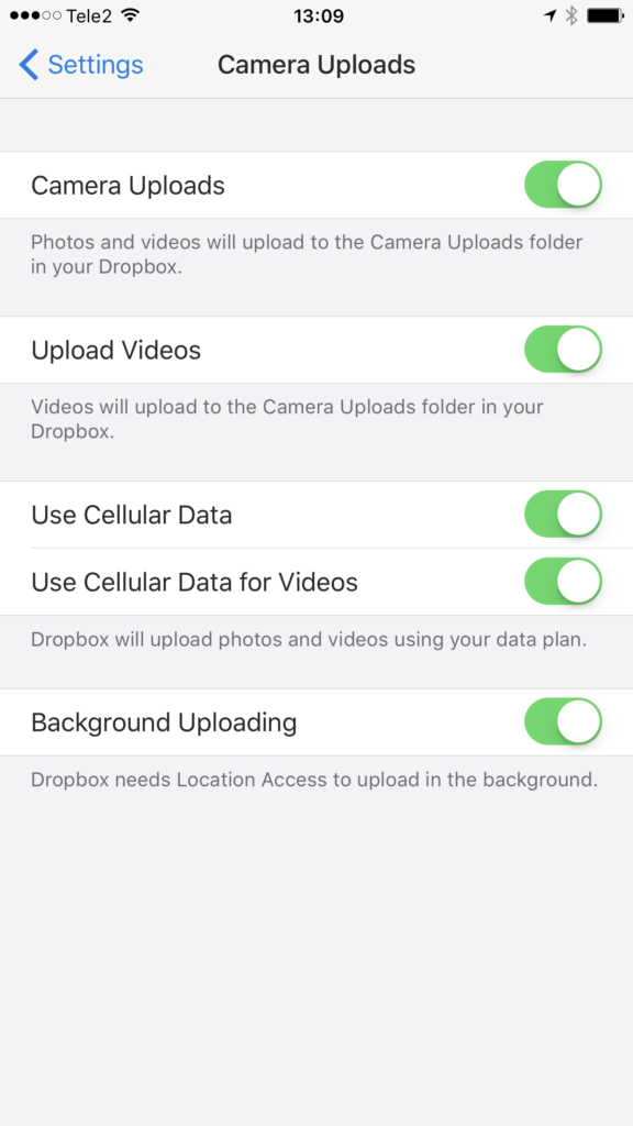 Dropboxi automaatne piltide üleslaadimise seade iOS platvormil