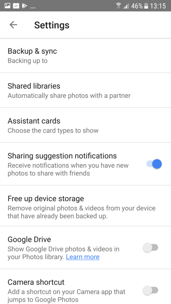 Google Photos Seadete menüü Android platvormil