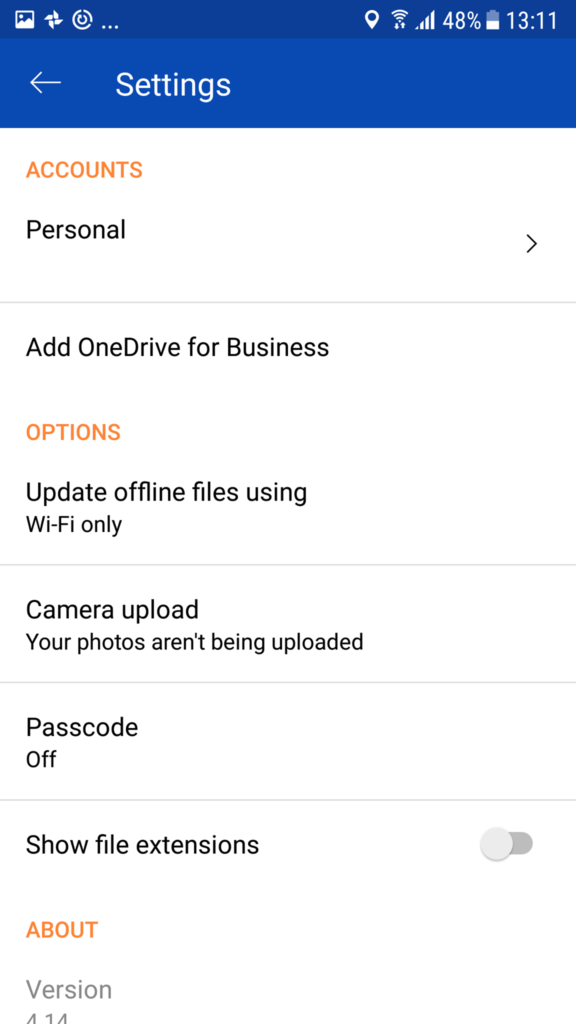 Seadete sektsioon Microsoft One Drive Android versioonis